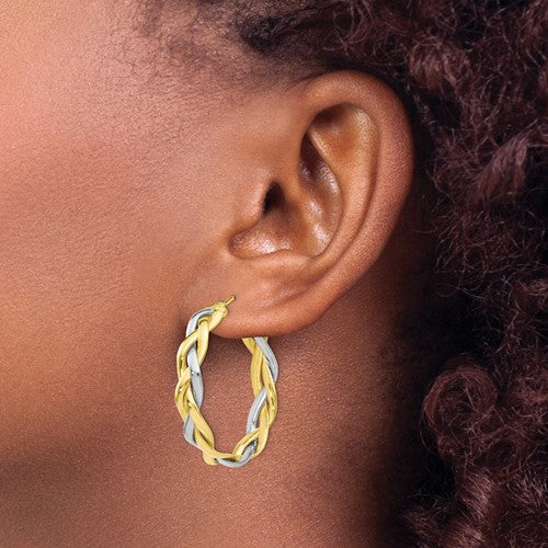 10K Two-Tone Gold Polished Braided Hoop Earrings