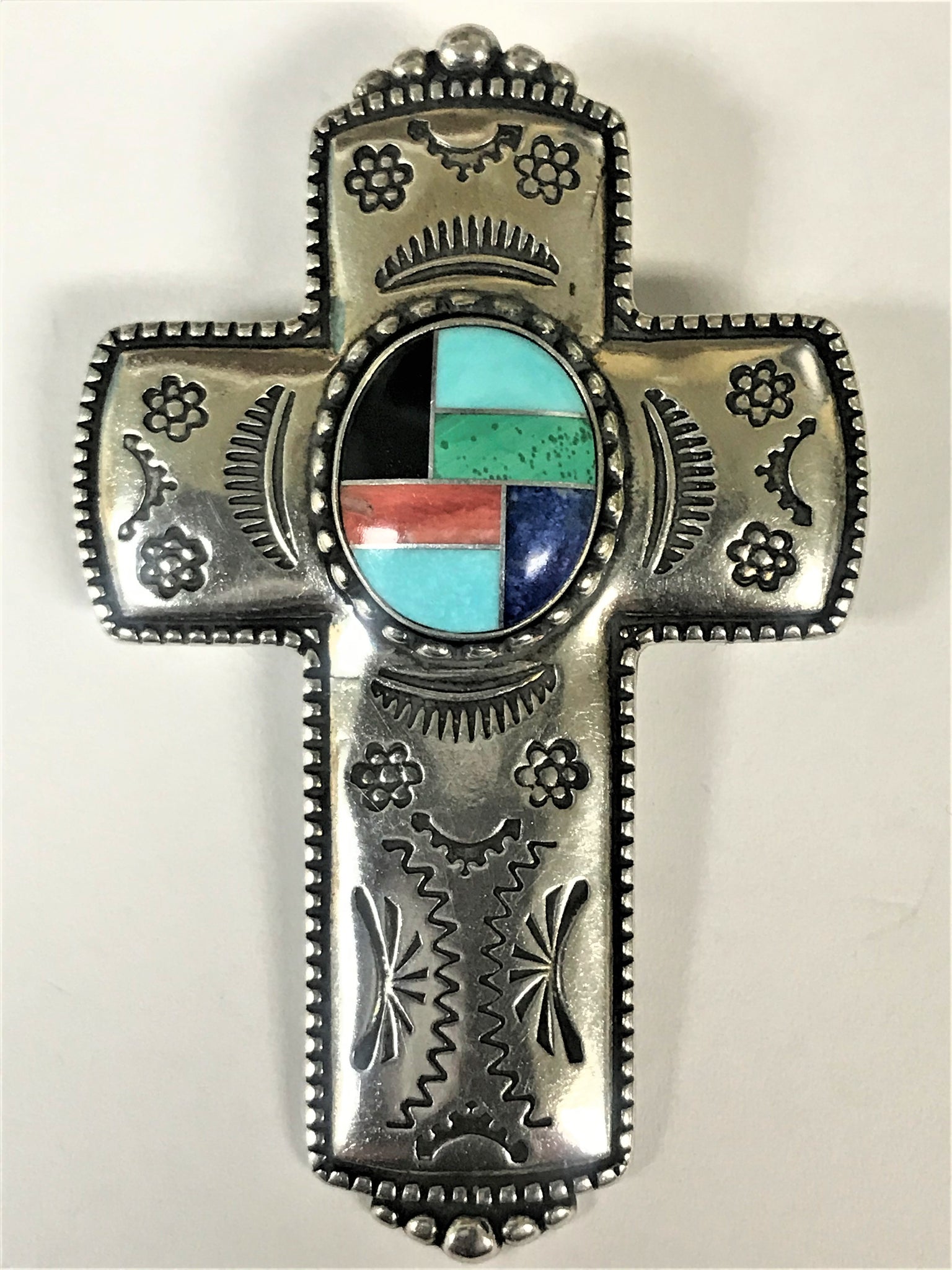 Sterling Silver Multi-Stone Native American Cross Pendant/Pin