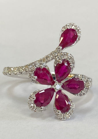 14K Diamond & Ruby Flower Ring