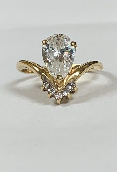 14k Pear Cubic Zirconia & Melee Diamond Ring