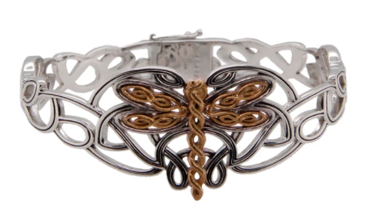 Oxidized Sterling Silver & 10k Rose Gold Dragonfly Bangle Bracelet