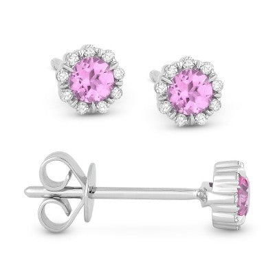 14K Created Pink Sapphire & Diamond Halo Stud Earrings
