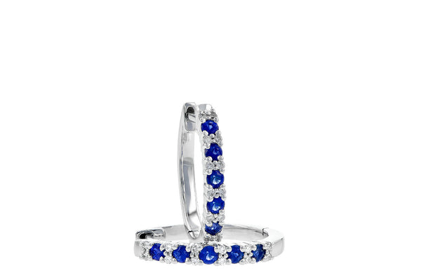 14K Blue Sapphire Diamond Huggie Hoop Earrings
