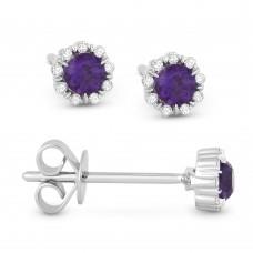 14KWG Amethyst & Diamond Halo Stud Earrings