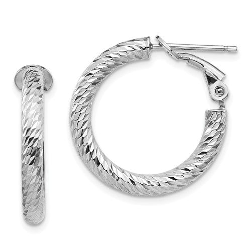 10KWG Diamond Cut Round Omega-Back Hoop Earrings