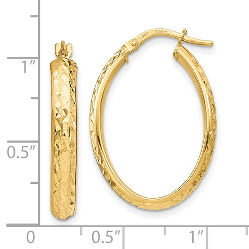 14k Yellow Gold Polished Diamond Cut Oval Hoop Earrings