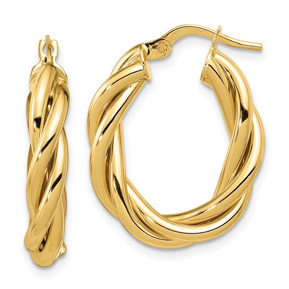 14k Yellow Gold Polished Twisted Oval Hoop Earrings