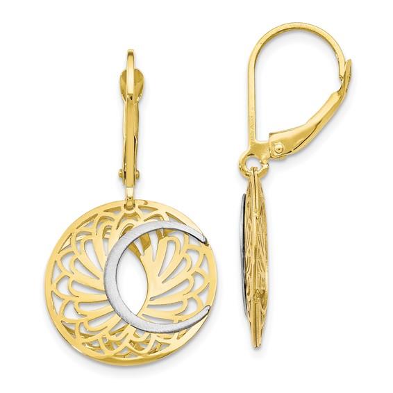 10K Two-Tone Gold Polished/Satin Dangle Lever-Back Earrings