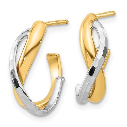 14K Two-Tone Gold Polished & Diamond Cut J-Hoop Post Earrings