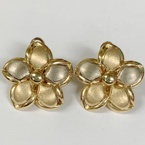 14k Two-Tone Gold Flower Clip-On Earrings