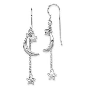 Sterling Silver Polished & Diamond Cut Puffed Star & Moon Dangle Earrings