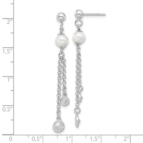 Sterling Silver Polished Cubic Zirconia & Pearl Dangle Post Earrings