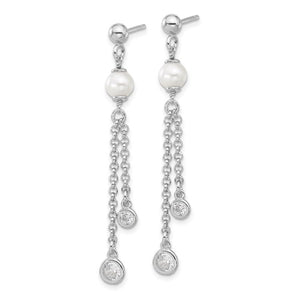 Sterling Silver Polished Cubic Zirconia & Pearl Dangle Post Earrings