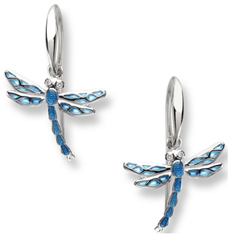 Sterling Silver Blue Plique-A-Jour Dragonfly Wire Earrings with White Sapphires