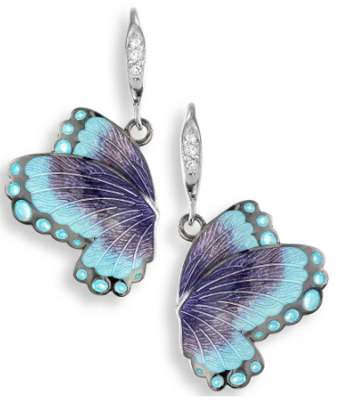 Sterling Silver-Black Rhodium Blue Butterfly Enamel & White Sapphire Wire Earrings