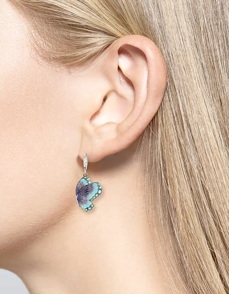 Sterling Silver-Black Rhodium Blue Butterfly Enamel & White Sapphire Wire Earrings