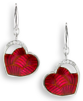Sterling Silver Red Heart Enamel & White Sapphire Wire Earrings