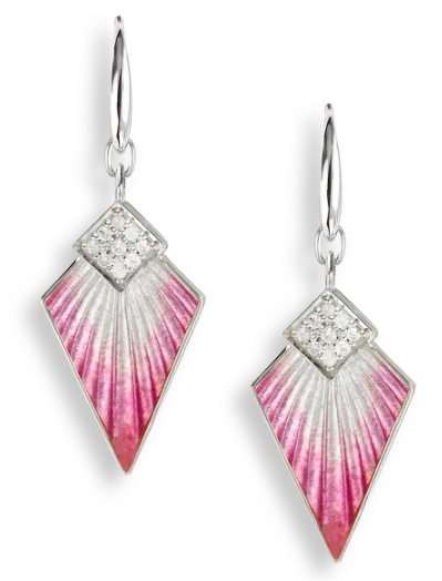 Sterling Silver Pink Art Deco Enamel & White Sapphire Wire Earrings