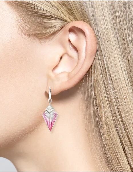 Sterling Silver Pink Art Deco Enamel & White Sapphire Wire Earrings