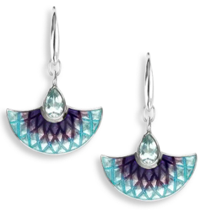 Sterling Silver Purple Fan Enamel & Blue Topaz Wire Earrings