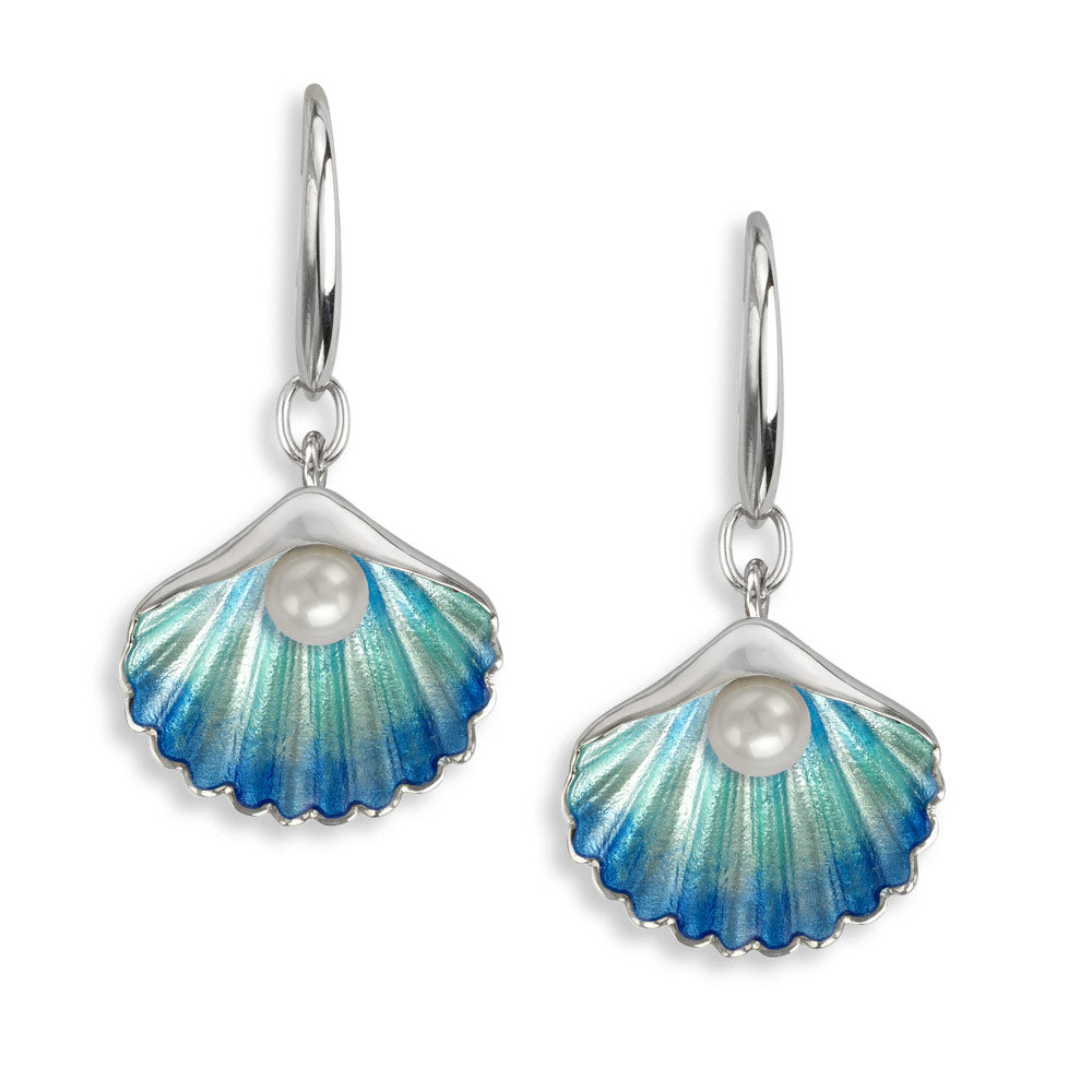 Sterling Silver Blue Shell Enamel & Freshwater Pearl Wire Earrings