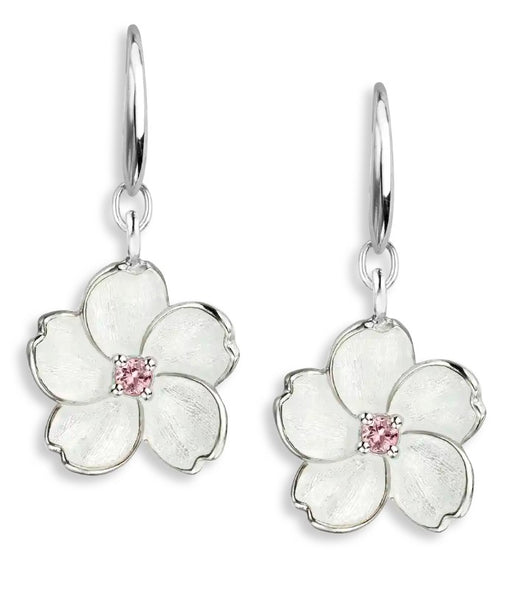 Sterling Silver White Enamel & Pink Sapphire Cherry Blossom Wire Earrings