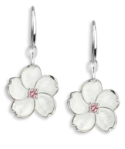 Sterling Silver White Enamel & Pink Sapphire Cherry Blossom Wire Earrings