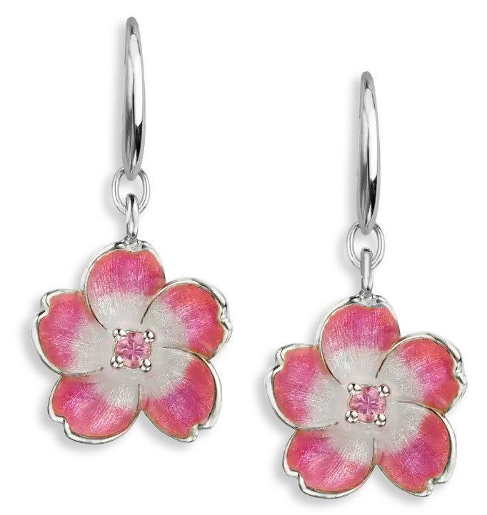 Sterling Silver Pink Enamel & Pink Sapphires Cherry Blossom Wire Earrings