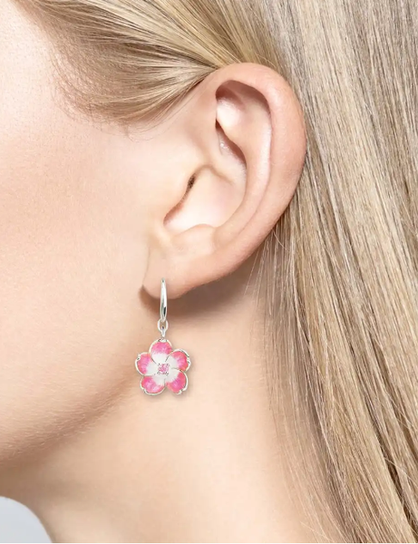 Sterling Silver Pink Enamel & Pink Sapphires Cherry Blossom Wire Earrings
