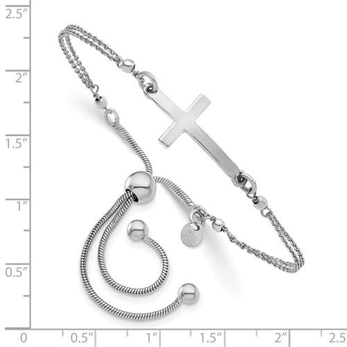 Sterling Silver Polished Sideway Cross Adjustable Bracelet