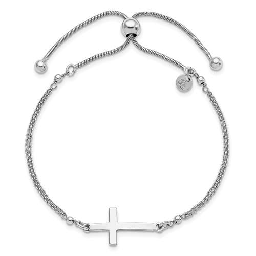 Sterling Silver Polished Sideway Cross Adjustable Bracelet