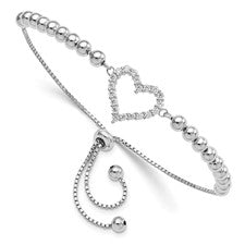 Sterling Silver Cubic Zirconia Beaded Heart Adjustable Bracelet