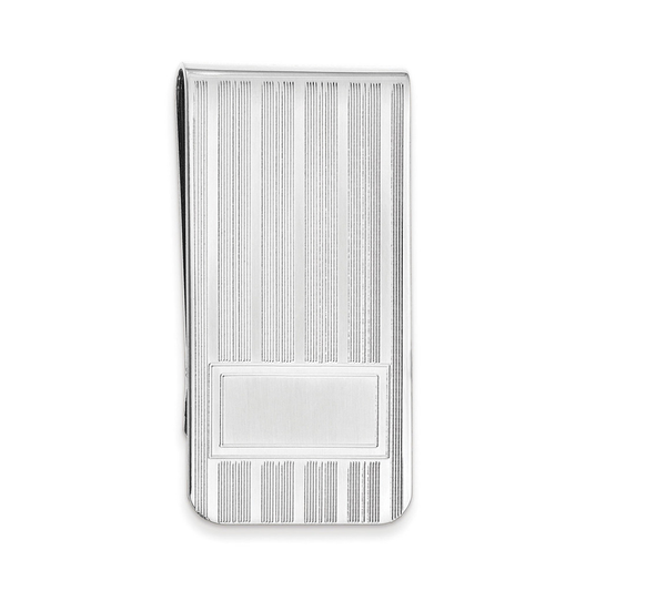 Rhodium Finish Money Clip with Lines and Bottom Rectangle