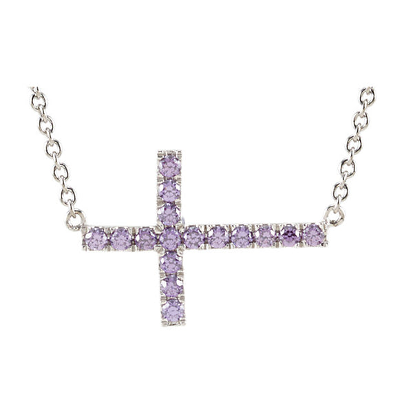 Sterling Silver Sideways Purple Cubic Zirconia Cross Necklace