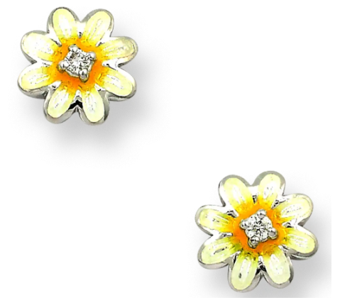 Sterling Silver Yellow Daisy Enamel & White Sapphire Post Earrings