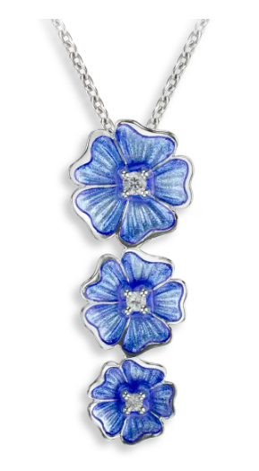 Sterling Silver 3-Blue Cherokee Rose Enamel & White Sapphire Necklace