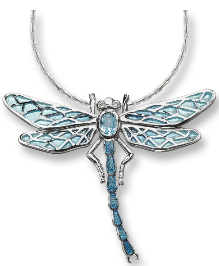 Sterling Silver Blue Plique-A-Jour Dragonfly Necklace with Blue Topaz & White Sapphire