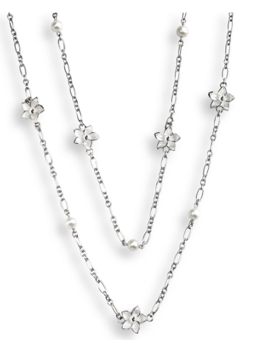 Sterling Silver White Stephanotis Enamel Necklace with Freshwater Pearls