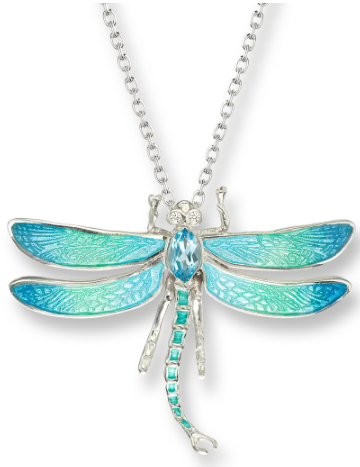 Sterling Silver Blue Enamel Dragonfly Necklace with Blue Topaz & White Sapphire