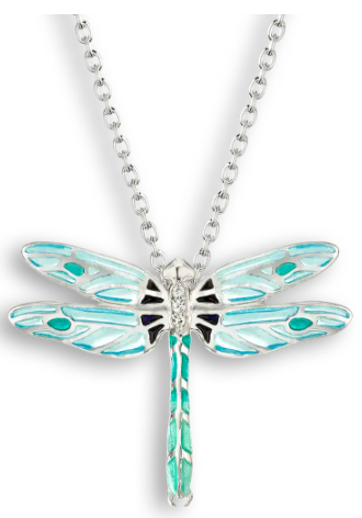Sterling Silver Blue Plique-A-Jour Enamel Dragonfly Necklace with Blue Sapphires