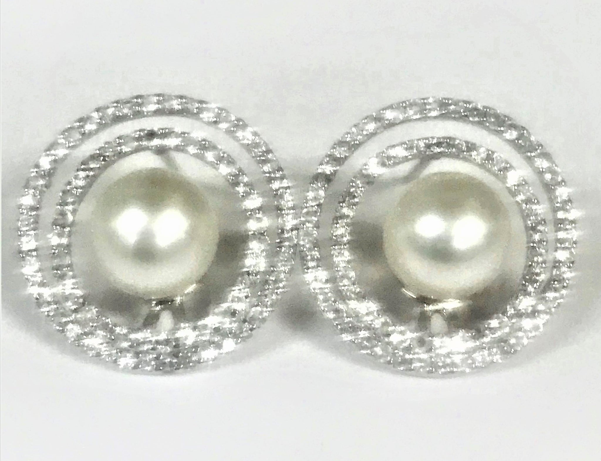 Sterling Silver Fresh Water Pearl & White Topaz Double Circle Stud Earrings