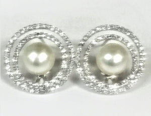 Sterling Silver Fresh Water Pearl & White Topaz Double Circle Stud Earrings