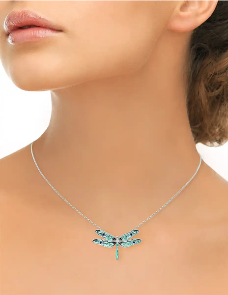 Sterling Silver Blue Plique-A-Jour Enamel Dragonfly Necklace with White Sapphires