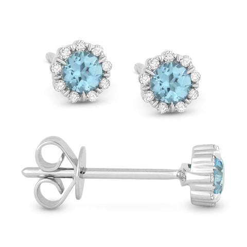 14k Light Blue Topaz & Diamond Halo Stud Earrings