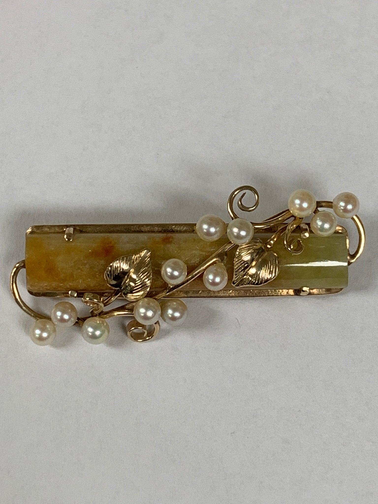 14k Vintage Ming's Jade & Cultured Pearl Brooch