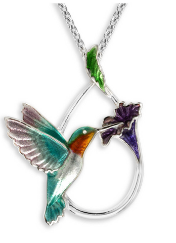 Sterling Silver Turquoise Enamel Hummingbird Necklace