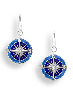 Sterling Silver Blue Enamel Compass Wire Earrings with White Sapphires