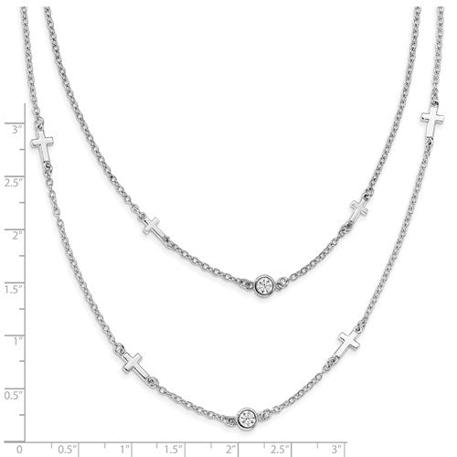 Sterling Silver Two-Strand Cubic Zirconia & Cross Necklace