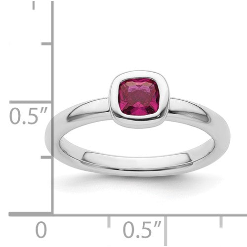 Sterling Silver Stackable Bezel Set Cushion Cut Created Ruby Ring