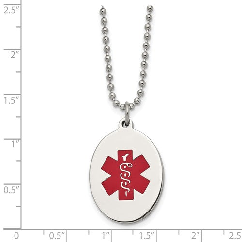 Stainless-Steel Polished Red Enamel Medical ID Pendant & Ball Chain Necklace